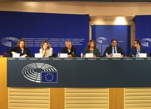 Valeria Bruni Tedeschi, Laurent Cantet, Michel Hazanavicius and Hanna Schygulla of the delegation of "For a Thousand lives: Be human" at the European Parliament, 20th of October 2015