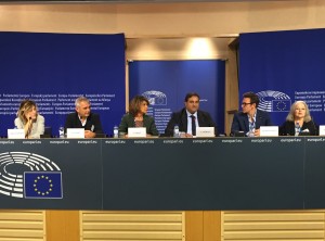 Valeria Bruni Tedeschi, Laurent Cantet, Michel Hazanavicius and Hanna Schygulla of the delegation of "For a Thousand lives: Be human" at the European Parliament, 20th of October 2015