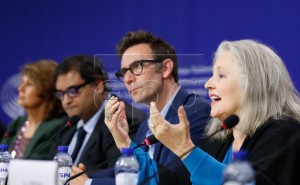 Hanna Shygulla (R) is in the delegation of the conference "For A Thousand Lives: Be Human." at the European Parliament in Brussels, 20th of October 2015. EPA/LAURENT DUBRULE
